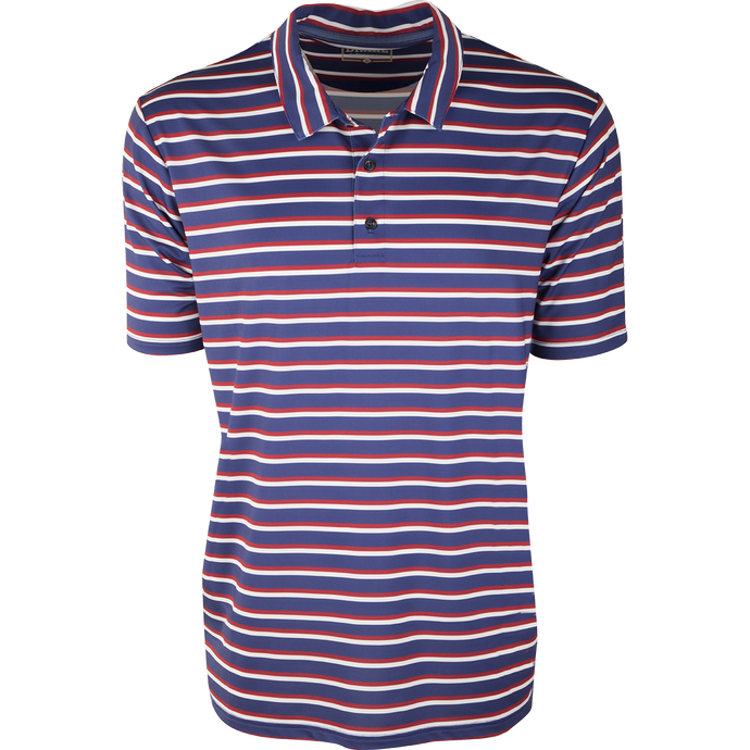 A Performance Striped Polo shirt with four-way stretch and moisture-wicking technology. Perfect for summer activities on and off the golf course. Made of 92% polyester and 8% spandex. Final sale.