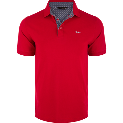 Pique Logo Polo featuring stretch fabric, rib knit collar, and embroidered Drake duck logo on chest; ideal for versatile, casual wear.