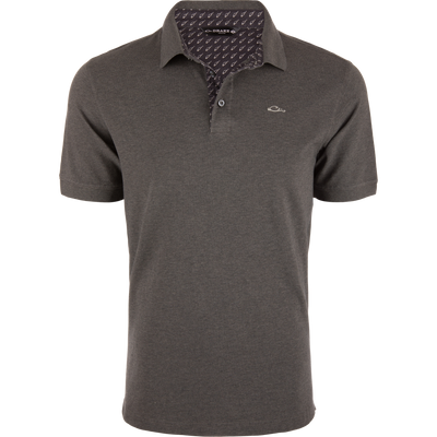 Grey Drake Pique Logo Polo featuring a three-button placket, rib knit collar, and embroidered duck head logo on the chest, showcasing classic and modern styling.