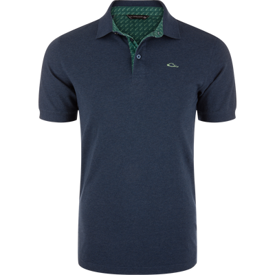 Pique Logo Polo featuring a green collar, three-button placket, rib knit collar and cuffs, and embroidered Drake duck head logo, highlighting modern performance and classic style.