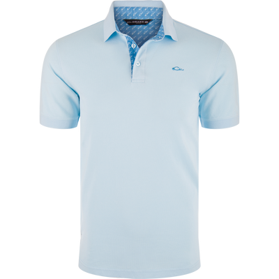 Pique Logo Polo featuring a blue and white patterned collar, three-button placket, and embroidered Drake duck head logo.