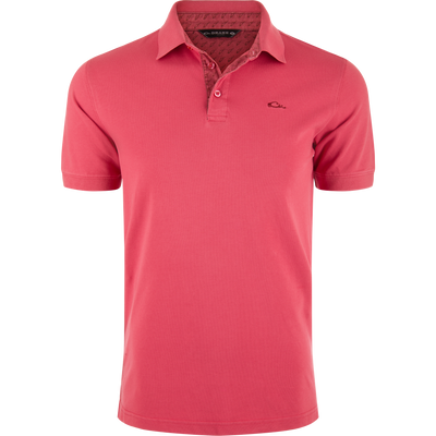 Pique Logo Polo features a classic three-button placket with ribbed collar and cuffs, embroidered Drake duck logo on chest, emphasizing modern performance and timeless style.
