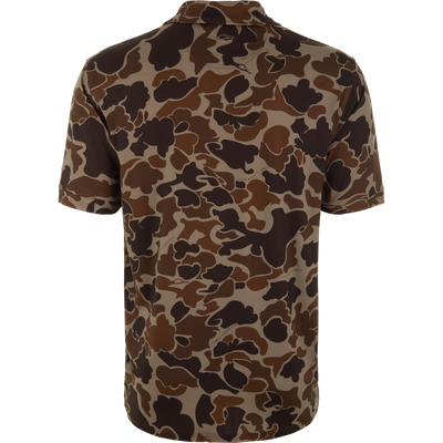 Back view of the Camo Performance Polo Shirt on a mannequin, featuring an old-school camouflage pattern, self-fabric collar, and open sleeve cuffs.