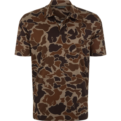 Camo Performance Polo Shirt with OLD SCHOOL CAMO print, featuring a two-button placket, fold-over collar, and moisture-wicking fabric for comfort and mobility.