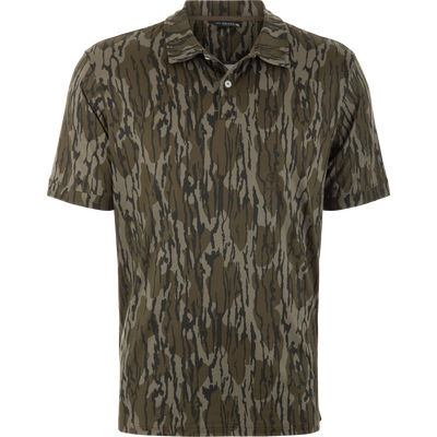 Camo Performance Polo Shirt in olive-green tiger-stripe camouflage on mannequin, featuring a collared design with three-button placket, split tail hem, and performance fabric.