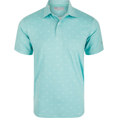 Men’s short-sleeve Performance Print Polo Shirt with a fold-over collar, featuring a Drake, Duck, Dog print, two-button placket, and open sleeve cuffs.