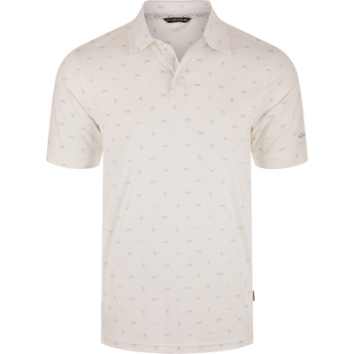 Print Performance Polo Shirt with subtle animal silhouettes, featuring a three-button placket, self-fabric collar, open cuffs, and moisture-wicking fabric for comfort and style.