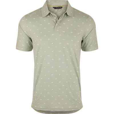 Men’s short-sleeve Print Performance Polo Shirt in light sage-green with bird and animal silhouettes, featuring a two-button placket and collar, ideal for active comfort.