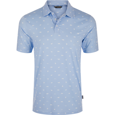 Print Performance Polo Shirt featuring a light-blue base with white animal silhouettes, three-button placket, self-fabric collar, and moisture-wicking, stretchable fabric.
