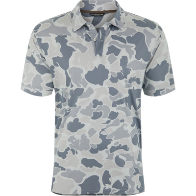 Camo Performance Polo Shirt featuring an abstract camouflage pattern, three-button placket, self-fabric collar, and open cuffs, designed for comfort and movement.