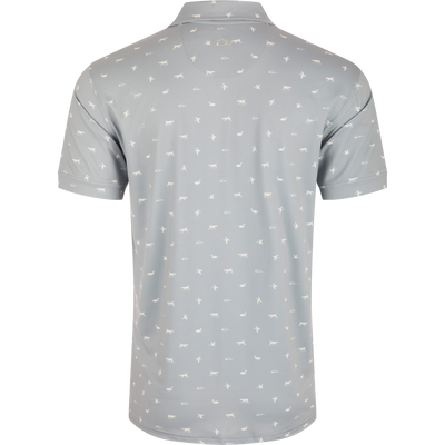 Back view of the Drake Performance Print Polo Shirt featuring white animal prints, three-button placket, self-fabric collar, and open sleeve cuffs.