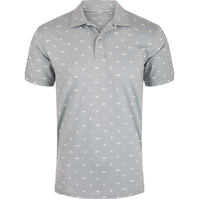 Performance Print Polo Shirt featuring white bird patterns, a three-button placket with faux mother of pearl buttons, self-fabric collar, open cuffs, and split tail hem.