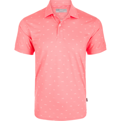 Performance Print Polo Shirt featuring white bird and dog motifs, three-button placket, self-fabric collar, open sleeve cuffs, and split tail hem.