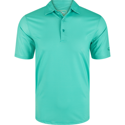 Performance Chalk Striped Polo Shirt with three-button placket, self-fabric collar, open sleeves, and split hem, showcasing its classic and versatile design.