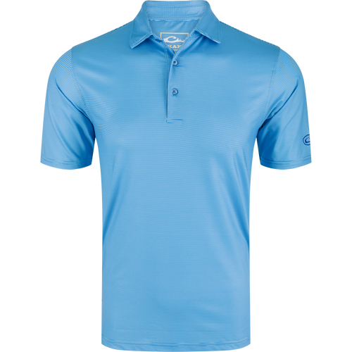 Performance Chalk Striped Polo Shirt featuring a three-button placket, self-fabric collar, open sleeves, and split tail hem for versatile use in casual or active settings.