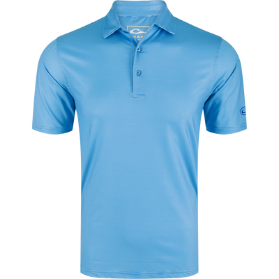 Performance Chalk Striped Polo Shirt features a sky-blue design with white pin-stripes, classic collar, two-button placket, and embroidered sleeve logo, emphasizing comfort and style.