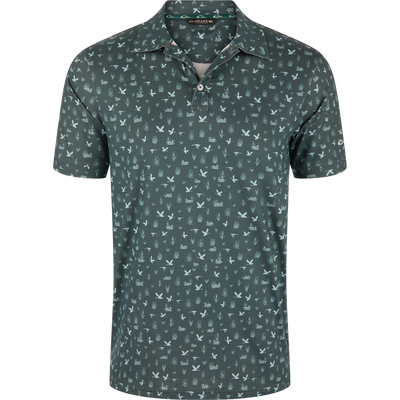 Marsh Duck Polo featuring a deep olive-green hue with light-green flying ducks and marsh grasses pattern, classic collar, and two-button placket in a performance fabric.