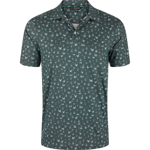Marsh Duck Polo featuring a deep olive-green hue with light-green flying ducks and marsh grasses pattern, classic collar, and two-button placket in a performance fabric.