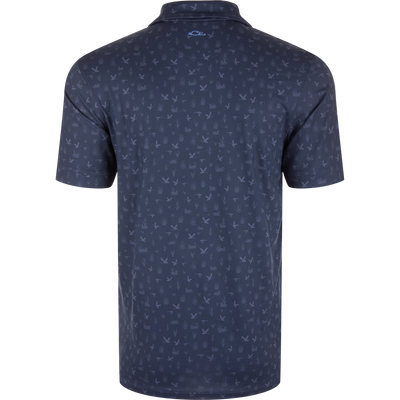 Marsh Duck Polo featuring a dark navy, bird-and-reeds pattern with a simple knit collar and contrasting logo, ideal for golf or casual wear.