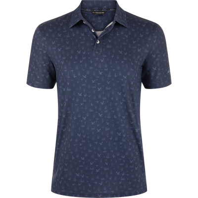 Marsh Duck Polo: Men's navy short-sleeve polo with flying birds and marsh-grass pattern, classic collar, two-button placket, ideal for casual or smart-casual wear.