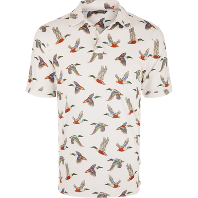 Flying Spoonie Performance Polo Shirt on mannequin, featuring flying ducks print, short sleeves, collared design, and lightweight stretch fabric for active comfort.