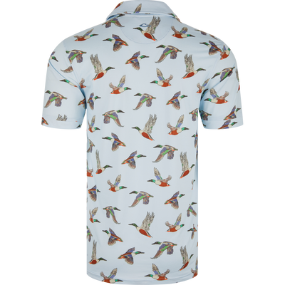 Back view of the Flying Spoonie Performance Polo Shirt featuring a duck print, designed for flexibility and sun protection with a split hem and open cuffs.