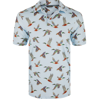 Flying Spoonie Performance Polo Shirt featuring colorful duck pattern, classic polo collar, three-button placket, split hem, and open cuffs for enhanced movement and sun protection.
