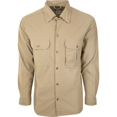 A soft, warm, and breathable Three Pocket Micro-Fleece Shirt for active outdoorsmen. Features two chest pockets with button flap closure and a hidden vertical Magnattach™ pocket.