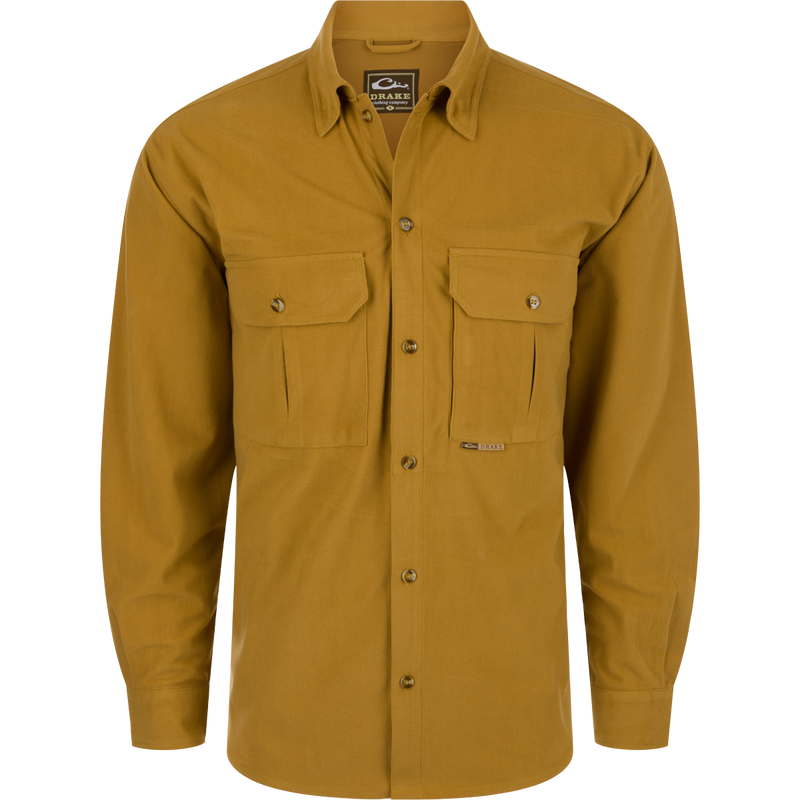 A comfortable Three Pocket Micro-Fleece Shirt for outdoor enthusiasts. Features a button-down collar, two chest pockets, and a hidden Magnattach™ pocket. Made of 240-gram brushed micro-fleece fabric. Perfect for fall and winter. Final sale item.