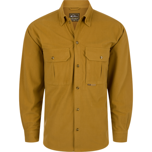 A comfortable Three Pocket Micro-Fleece Shirt for outdoor enthusiasts. Features a button-down collar, two chest pockets, and a hidden Magnattach™ pocket. Made of 240-gram brushed micro-fleece fabric. Perfect for fall and winter. Final sale item.
