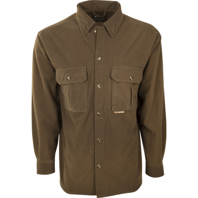 A brown Three Pocket Micro-Fleece Shirt with button-down collar and two chest pockets. Hidden Magnattach™ pocket. Soft, warm, and breathable. Ideal for fall and winter outdoor activities.