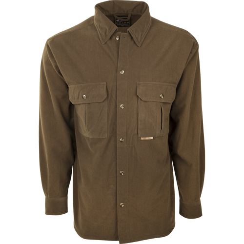 A brown Three Pocket Micro-Fleece Shirt with button-down collar and two chest pockets. Hidden Magnattach™ pocket. Soft, warm, and breathable. Ideal for fall and winter outdoor activities.