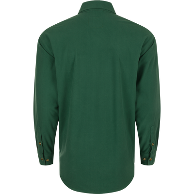 The back of a green Three Pocket Micro-Fleece Shirt for active outdoorsmen. Soft, warm, and breathable 240-gram brushed micro-fleece fabric. Features two chest pockets with button flap closure and a hidden vertical pocket with Magnattach™ closure. Perfect for fall and winter.