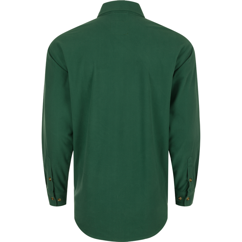 The back of a green Three Pocket Micro-Fleece Shirt for active outdoorsmen. Soft, warm, and breathable 240-gram brushed micro-fleece fabric. Features two chest pockets with button flap closure and a hidden vertical pocket with Magnattach™ closure. Perfect for fall and winter.