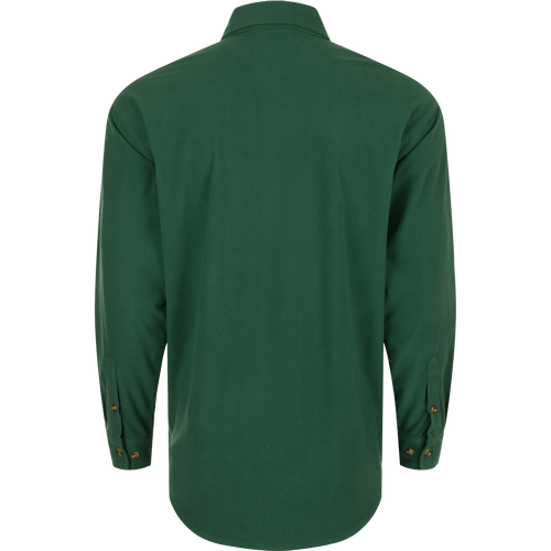The back of a green Three Pocket Micro-Fleece Shirt for active outdoorsmen. Soft, warm, and breathable 240-gram brushed micro-fleece fabric. Features two chest pockets with button flap closure and a hidden vertical pocket with Magnattach™ closure. Perfect for fall and winter.