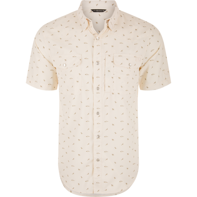Cinco Ranch Western Short Sleeve Shirt with outdoor motif print, snap-front, chest pockets, and vented back, ideal for versatile wear, embodying Drake Waterfowl's hunting-inspired design.