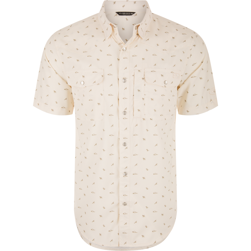 Cinco Ranch Western Short Sleeve Shirt with outdoor motif print, snap-front, chest pockets, and vented back, ideal for versatile wear, embodying Drake Waterfowl's hunting-inspired design.