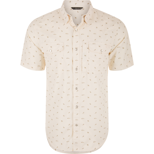 Cinco Ranch Western Short Sleeve Shirt with outdoor motif print, snap-front, chest pockets, and vented back, ideal for versatile wear, embodying Drake Waterfowl's hunting-inspired design.