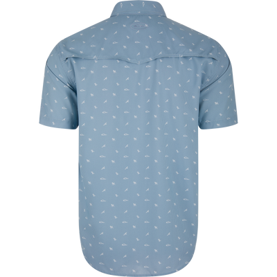 Back view of the Cinco Ranch Western Short Sleeve Shirt, featuring a light-blue fishing-themed print, Western yoke, vented back cape, and faux pearl snaps.