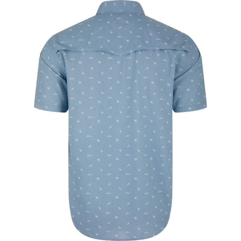 Back view of the Cinco Ranch Western Short Sleeve Shirt, featuring a light-blue fishing-themed print, Western yoke, vented back cape, and faux pearl snaps.