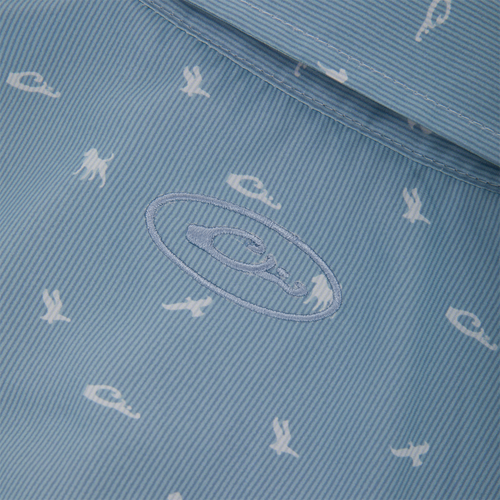 Close-up of Drake Cinco Ranch Western Short Sleeve Shirt's pale blue lining with white nautical prints and embroidered brand logo.