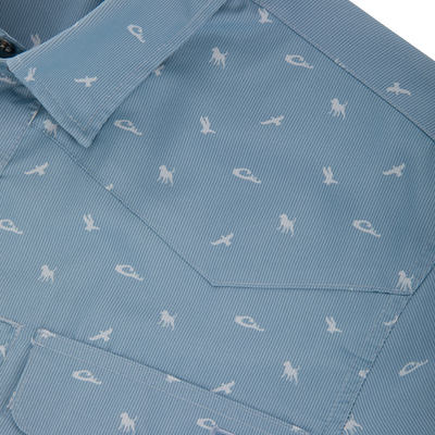 Cinco Ranch Western Short Sleeve Shirt with fine pinstripes, Western-style flap pockets, pearl snap buttons, and small white silhouette prints of horses and birds.