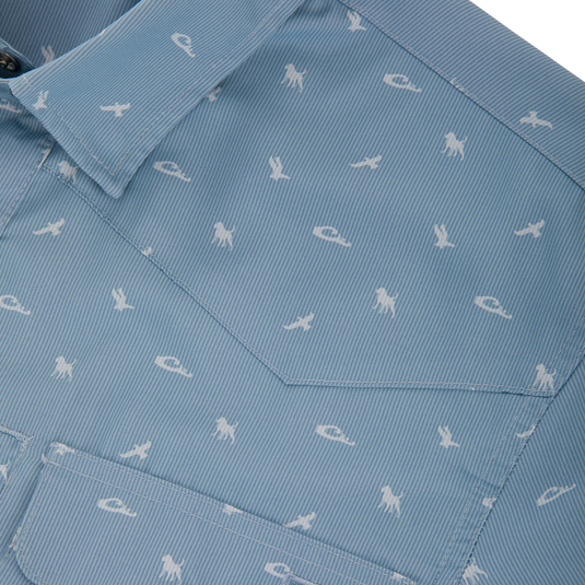Cinco Ranch Western Short Sleeve Shirt with fine pinstripes, Western-style flap pockets, pearl snap buttons, and small white silhouette prints of horses and birds.