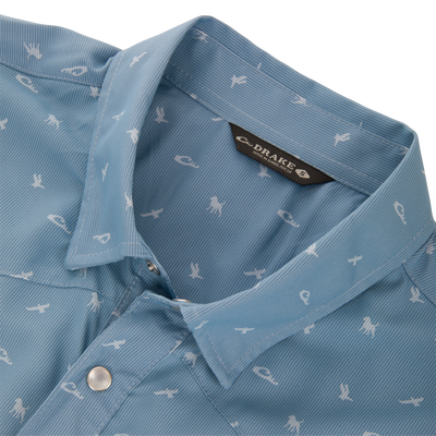Drake Cinco Ranch Western Short Sleeve Shirt with subtle stripe texture, white animal motifs, faux pearl snaps, and vented back cape.