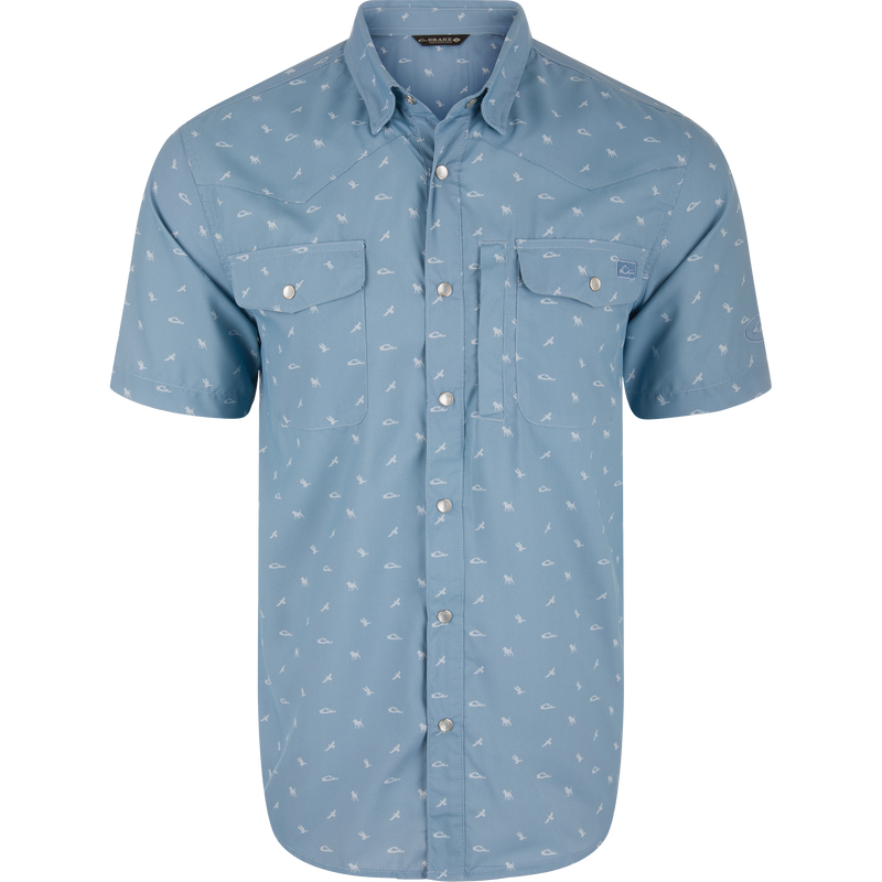 Cinco Ranch Western Short Sleeve Shirt with snap buttons, chest pockets, and subtle pattern, embodying casual Western style with functional design elements.