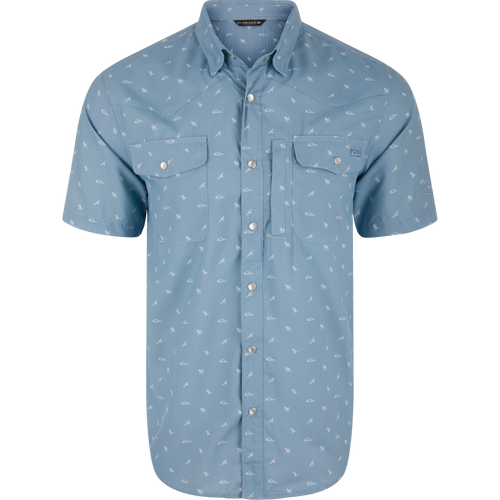 Cinco Ranch Western Short Sleeve Shirt with snap buttons, chest pockets, and subtle pattern, embodying casual Western style with functional design elements.