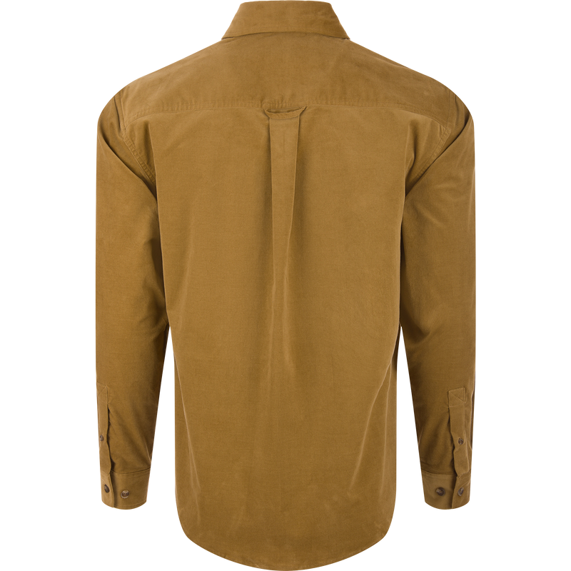 Mid-Wale Corduroy Shirt, back view, showing a soft-textured fabric, straight back yoke with pleat, locker loop, and rounded hem, ideal for versatile wear.