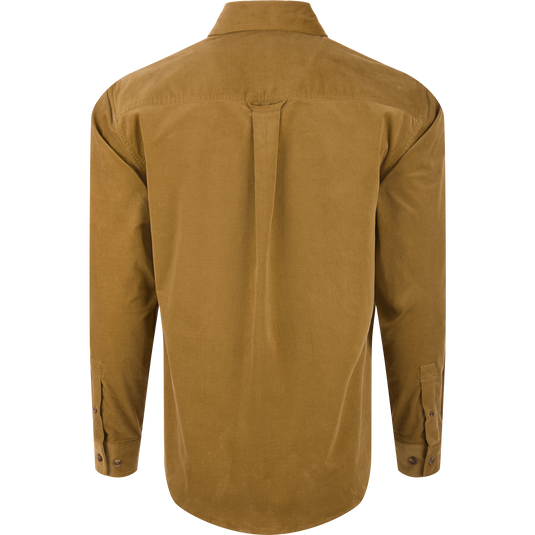 Mid-Wale Corduroy Shirt, back view, showing a soft-textured fabric, straight back yoke with pleat, locker loop, and rounded hem, ideal for versatile wear.