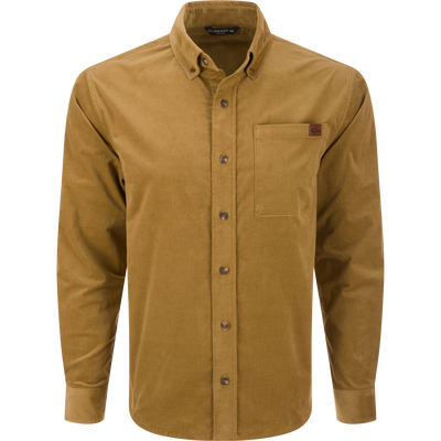 Mid-Wale Corduroy Shirt: Men's long-sleeve, button-down shirt in camel corduroy, featuring a button-down collar, patch chest pocket, and sculpted hem for versatile wear.