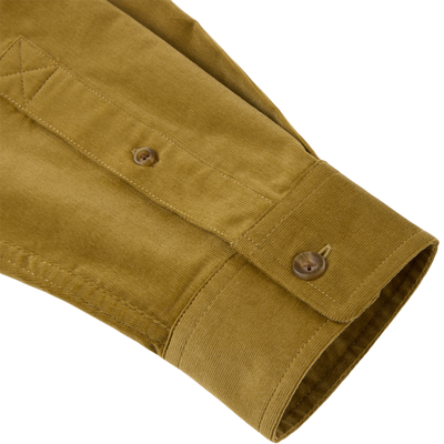 Close-up of Midwale Corduroy Shirt sleeve, showcasing textured ribs, buttoned cuff, and placket, highlighting its stretch comfort and wrinkle resistance.